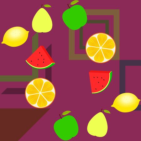 Fruits and berries. Colorful cartoon fruit icons: orange, pear, apple, lemon, watermelon. Vector background.のイラスト素材
