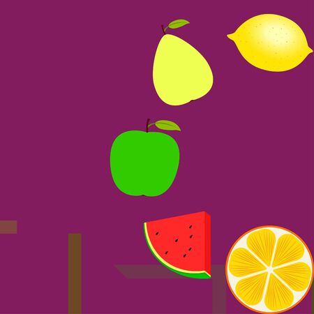 Fruits and berries. Colorful cartoon fruit icons: orange, pear, apple, lemon, watermelon. Vector background.のイラスト素材