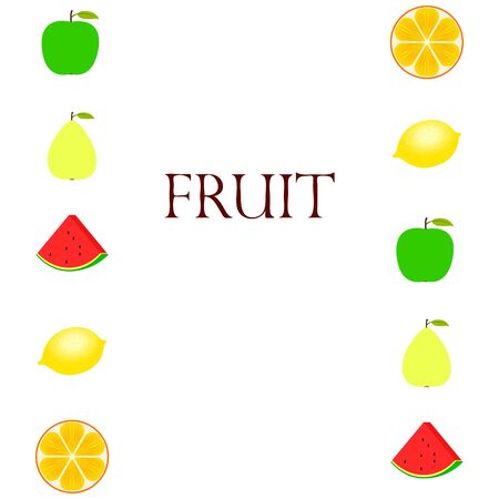 Fruits and berries. Colorful cartoon fruit icons: orange, pear, apple, lemon, watermelon. Vector background.のイラスト素材