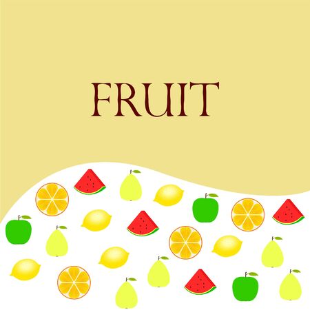 Fruits and berries. Colorful cartoon fruit icons: orange, pear, apple, lemon, watermelon. Vector background.のイラスト素材