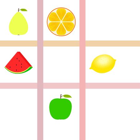 Fruits and berries. Colorful cartoon fruit icons: orange, pear, apple, lemon, watermelon. Vector background.のイラスト素材