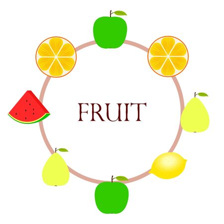 Fruits and berries. Colorful cartoon fruit icons: orange, pear, apple, lemon, watermelon. Vector background.のイラスト素材