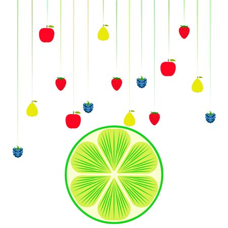 Fruits and berries. Colorful cartoon fruit icons: apple, pear, blackberry, strawberry, lime. Vector background.のイラスト素材