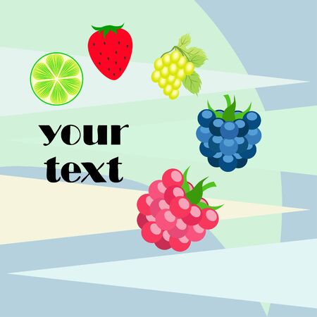 Fruits and berries. Colorful cartoon fruit icons: blackberry, raspberry, grape, strawberr, lime. Vector background.のイラスト素材