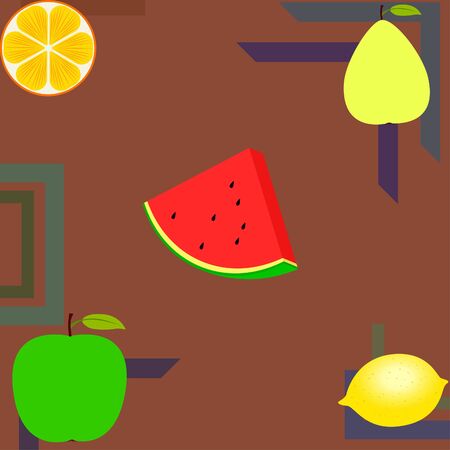 Fruits and berries. Colorful cartoon fruit icons: orange, pear, apple, lemon, watermelon. Vector background.のイラスト素材