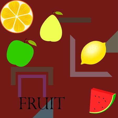 Fruits and berries. Colorful cartoon fruit icons: orange, pear, apple, lemon, watermelon. Vector background.のイラスト素材