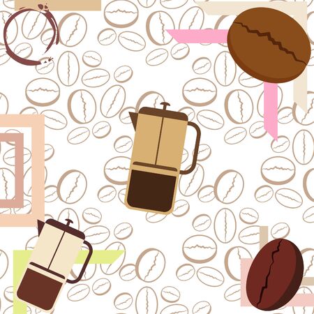 French press coffee, coffee beans, spilled coffee, vector illustration. Design elements for a cafe. Vector background.のイラスト素材