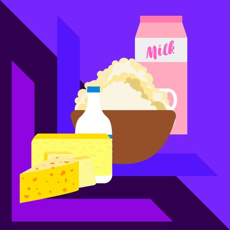 Dairy products on colored designのイラスト素材