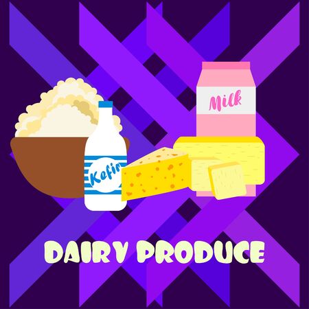 Dairy products on colored designのイラスト素材