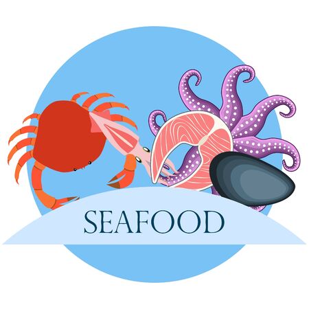 Fresh seafood on colored designのイラスト素材