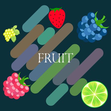 Fruits and berries. Colorful cartoon fruit icons: blackberry, raspberry, grape, strawberry, lime.のイラスト素材
