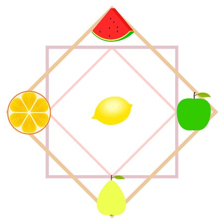 Fruits and berries. Colorful cartoon fruit icons: orange, pear, apple, lemon, watermelon.のイラスト素材