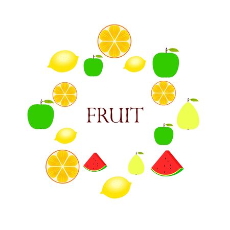 Fruits and berries. Colorful cartoon fruit icons: orange, pear, apple, lemon, watermelon.のイラスト素材