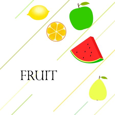 Fruits and berries. Colorful cartoon fruit icons: orange, pear, apple, lemon, watermelonのイラスト素材
