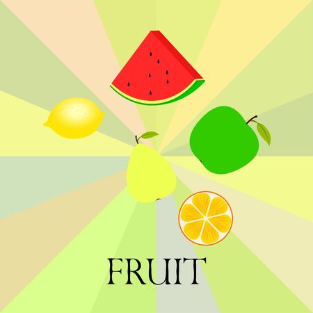 Fruits and berries. Colorful cartoon fruit icons: orange, pear, apple, lemon, watermelon.のイラスト素材