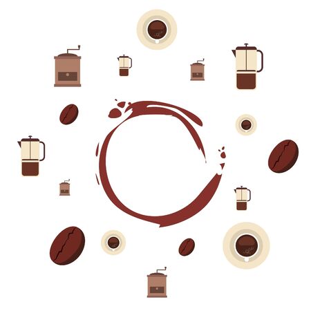 French press coffee, coffee beans, spilled coffee, vector illustration. Design elements for a cafe. Vector background.のイラスト素材