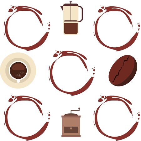 French press coffee, coffee beans, spilled coffee. Design elements for a cafe.のイラスト素材