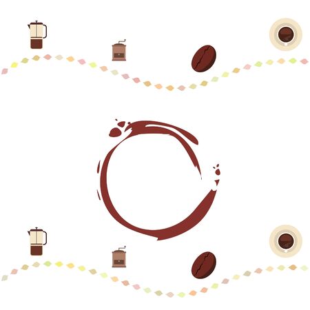 French press coffee, coffee beans, spilled coffee, vector illustration. Design elements for a cafe. Vector background.のイラスト素材