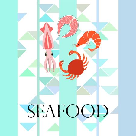 Fish, shrimp, crab, squid.Vector seafood. Food and restaurant design.のイラスト素材