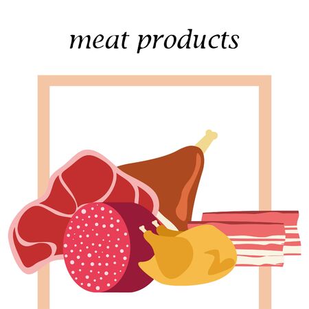 Sausage, steak, chicken bacon, fresh meat. Image for a farm shop concept. Vector background.のイラスト素材