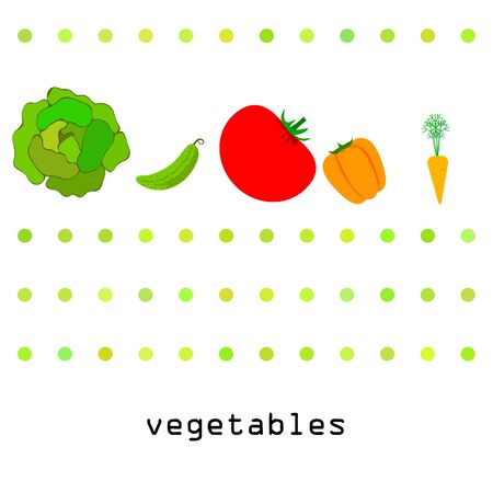 Cabbage, tomato, carrot, pepper, cucumber, fresh vegetables. Organic food poster. Farmer market design. Vector background.のイラスト素材