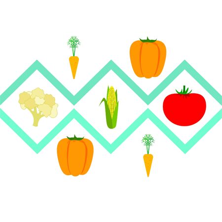 Corn, tomato, pepper, carrot, cauliflower. Organic food poster. Farmer market design. Vector background.のイラスト素材