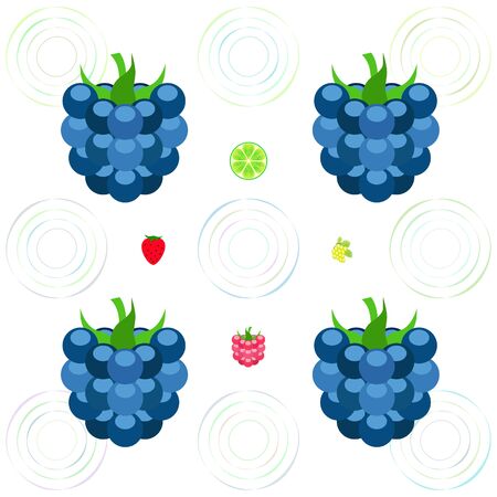 Fruits and berries. Colorful cartoon fruit icons: blackberry, raspberry, grape, strawberr, lime. Vector background.のイラスト素材