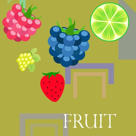 Fruits and berries. Colorful cartoon fruit icons: blackberry, raspberry, grape, strawberry, lime. Vector background.のイラスト素材