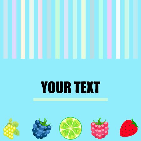 Fruits and berries. Colorful cartoon fruit icons: blackberry, raspberry, grape, strawberry, lime. Vector background.のイラスト素材