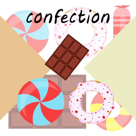 Different sweets colorful background. Lollipops, chocolate bar, candies, donut, vector background.のイラスト素材