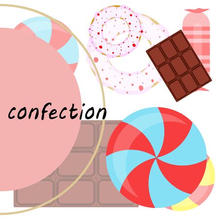 Different sweets colorful background. Lollipops, chocolate bar, candies, donut, vector background.のイラスト素材