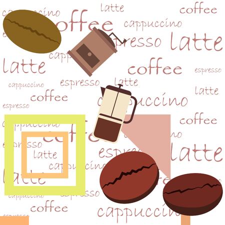French press coffee, coffee beans, spilled coffee, vector illustration. Design elements for a cafe. Vector background.のイラスト素材