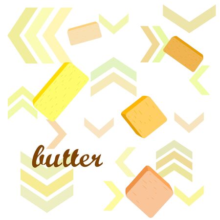 Vector yellow stick of butter. Slices of margarine or spread, fatty natural dairy product. High-calorie food for cooking and eating.のイラスト素材