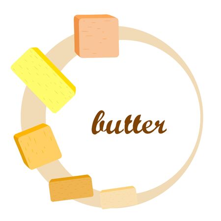 Vector yellow stick of butter. Slices of margarine or spread, fatty natural dairy product. High-calorie food for cooking and eating.のイラスト素材