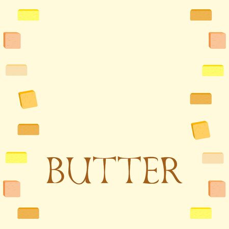 Vector yellow stick of butter. Slices of margarine or spread, fatty natural dairy product. High-calorie food for cooking and eating.のイラスト素材