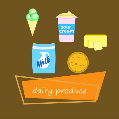 Milk, sour, cheese, ise, cream, butter. Vector illustration of dairy products.のイラスト素材