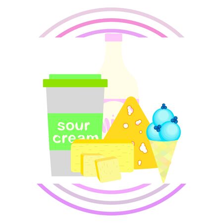 Milk, sour, cheese, ise, cream, butter. Vector illustration of dairy products.のイラスト素材