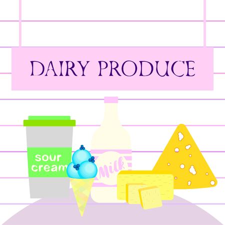 Milk, sour, cheese, cream and butter vector illustration of dairy products.のイラスト素材