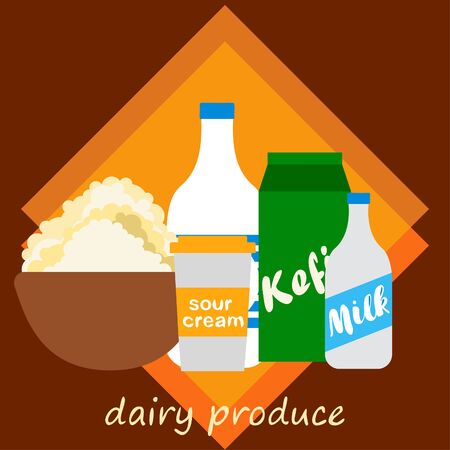 Milk, sour, kefir, cottage, cheese. Vector illustration of dairy products.のイラスト素材