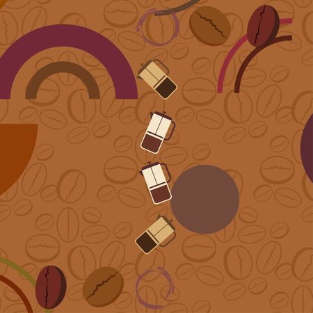 French press coffee, coffee beans, spilled coffee, vector illustration. Design elements for a cafe. Vector background.のイラスト素材