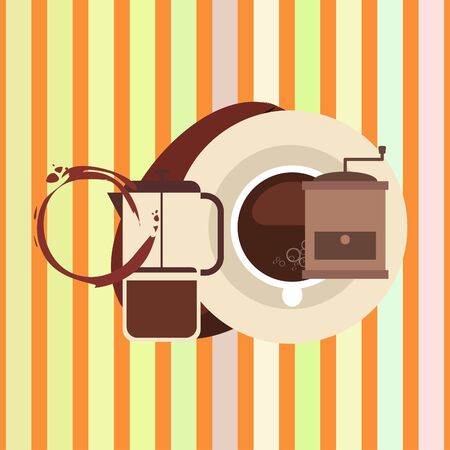French press coffee, coffee beans, spilled coffee, vector illustration. Design elements for a cafe. Vector background.のイラスト素材