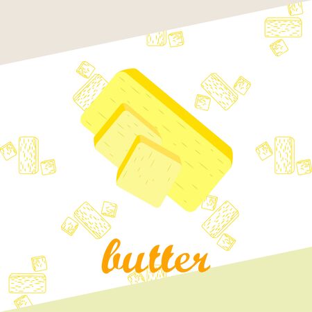 Vector yellow stick of butter. Slices of margarine or spread, fatty natural dairy product. High-calorie food for cooking and eating.のイラスト素材