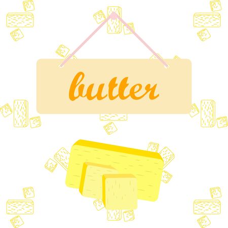 Vector yellow stick of butter. Slices of margarine or spread, fatty natural dairy product. High-calorie food for cooking and eating.のイラスト素材