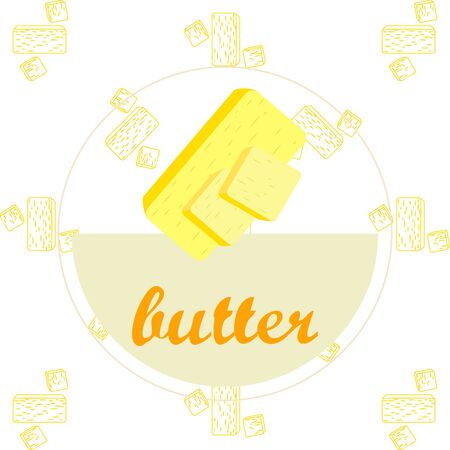 Vector yellow stick of butter. Slices of margarine or spread, fatty natural dairy product. High-calorie food for cooking and eating.のイラスト素材