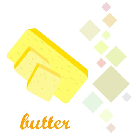 Vector yellow stick of butter. Slices of margarine or spread, fatty natural dairy product. High-calorie food for cooking and eating.のイラスト素材