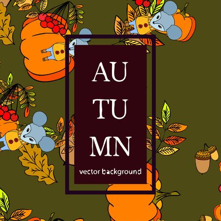 Autumn card with cartoon mouse, autumn leaves, pumpkins. Vector illustration.のイラスト素材