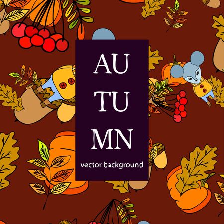 Autumn card with cartoon mouse, autumn leaves, pumpkins. Vector illustration.のイラスト素材
