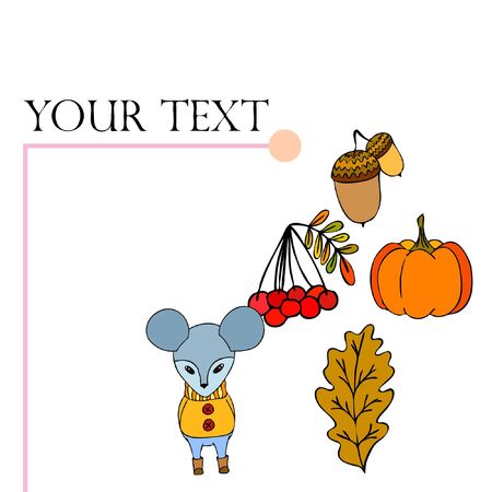 Autumn card with cartoon mouse, autumn leaves, pumpkins. Vector illustration.のイラスト素材