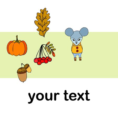 Autumn card with cartoon mouse, autumn leaves, pumpkins. Vector illustration.のイラスト素材