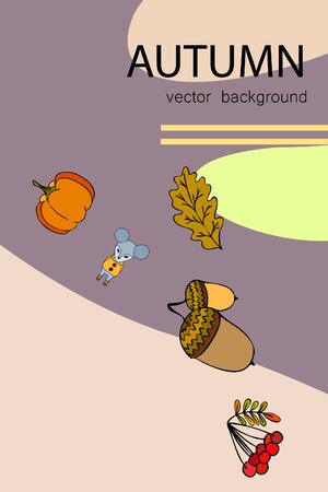 Autumn card with cartoon mouse, autumn leaves, pumpkins. Vector illustration.のイラスト素材